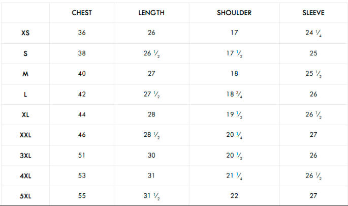 size chart in inches