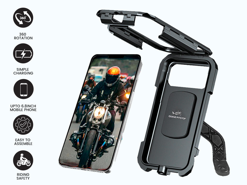 GrandPitstop Mirror Mount Fully Waterproof Bike / Motorcycle / Scooter  Mobile Phone Holder Mount without charger, Ideal for Maps and GPS  Navigation (Black)