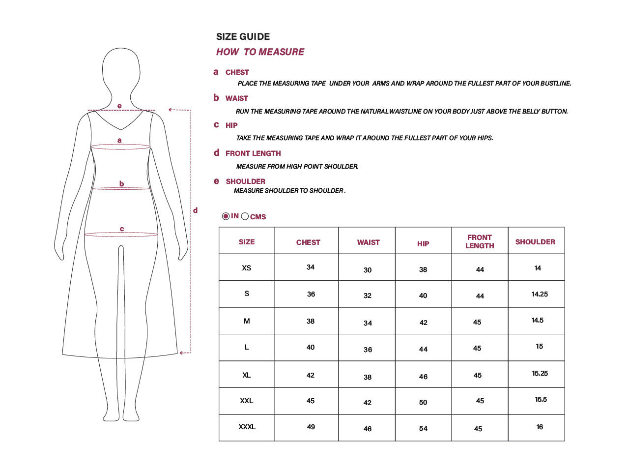 size chart in inches