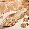 Rocia By Regal Gold Women Embroidered Kitten Heel Mules