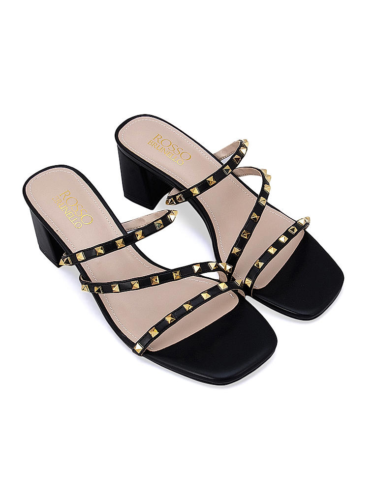 Black Studded Strappy Block Heels