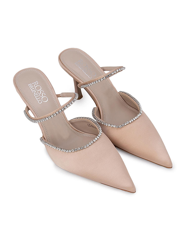 Beige Pointed Toe Studded Pumps