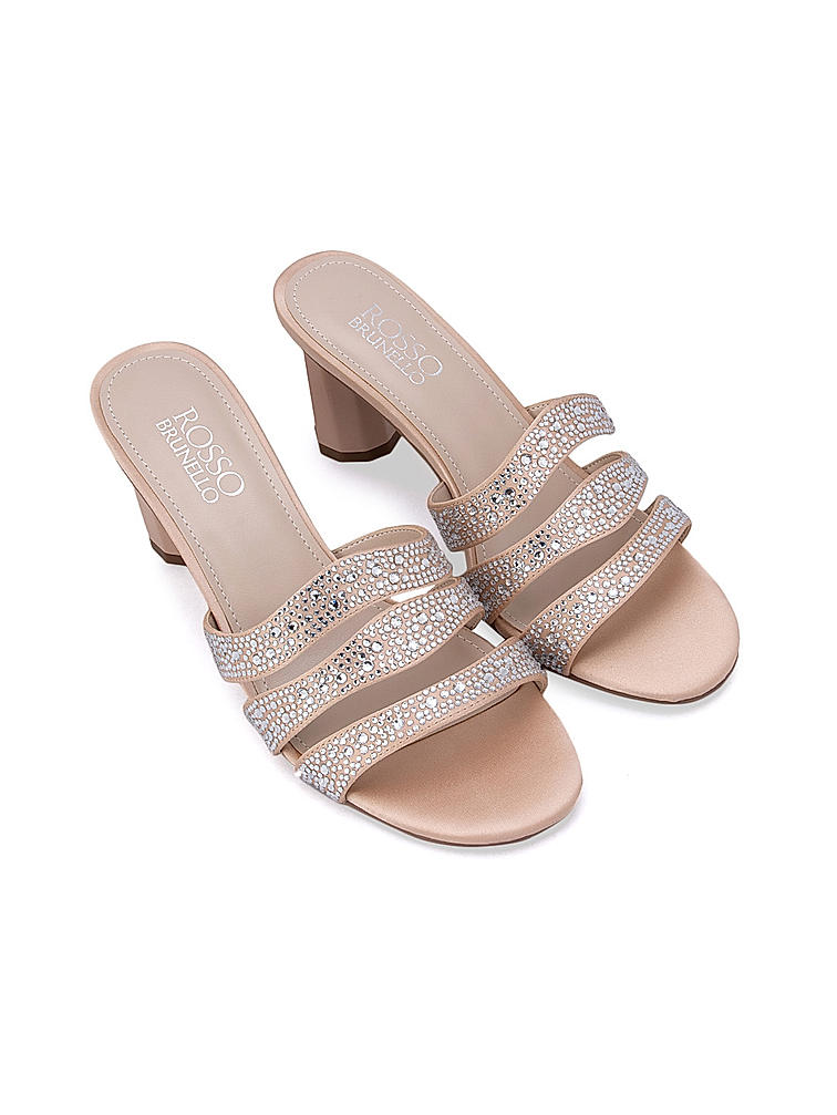 Beige Sequined Strap Heels