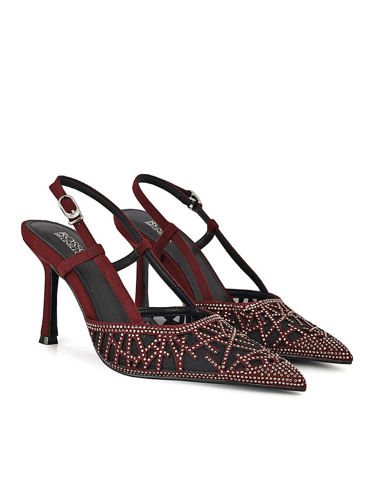 Burgundy Rhinestones Embellished Slingback Heels