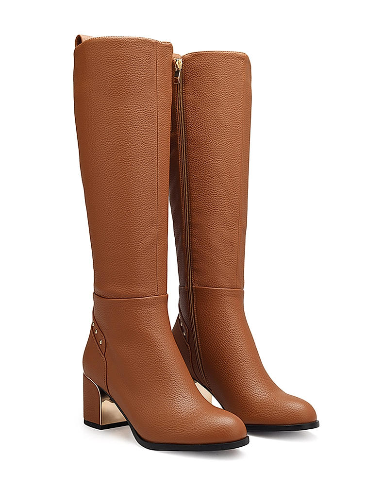 Tan Knee High Studded Boots