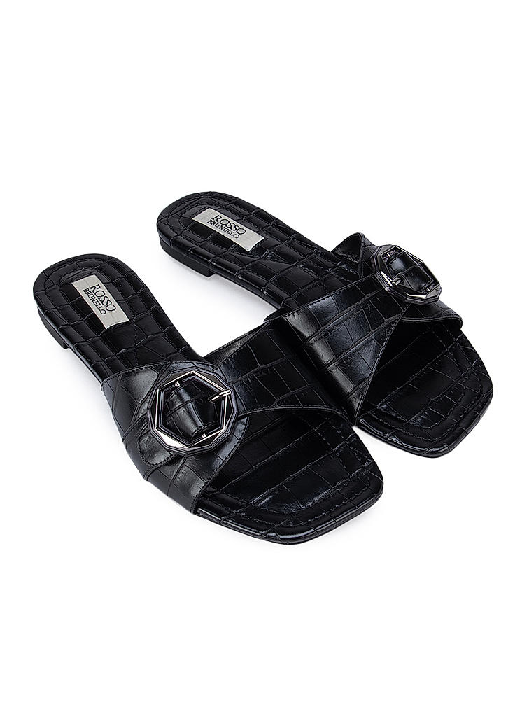 Black Croco Textured Strap Sliders