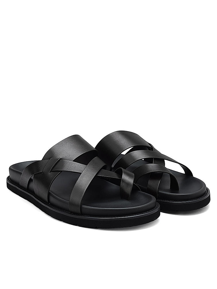 Black Strappy Leather Sliders