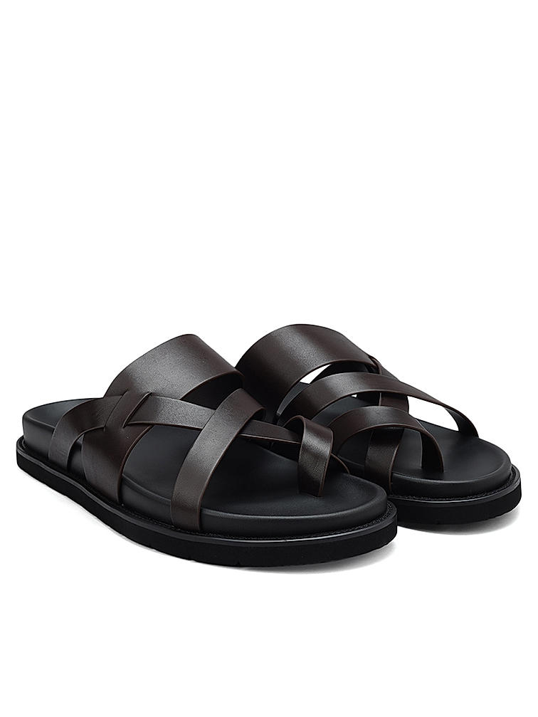 Coffee Strappy Leather Sliders