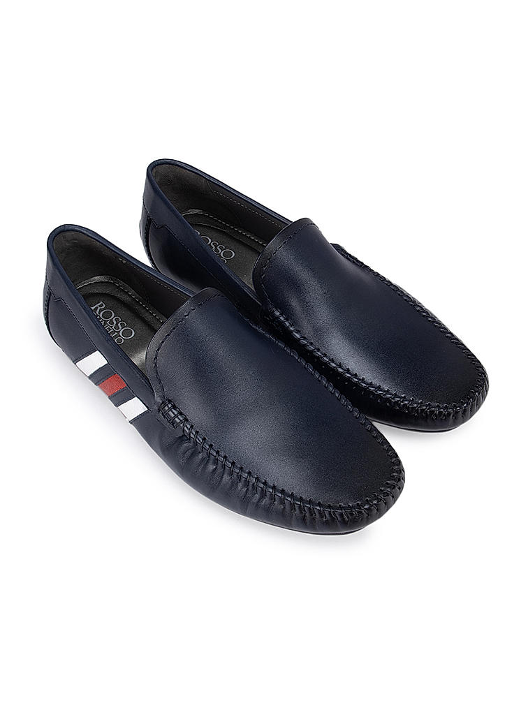Blue Plain Leather Striped Moccasins