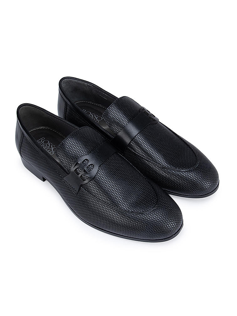 Black Textured Loafers With Logo Strap