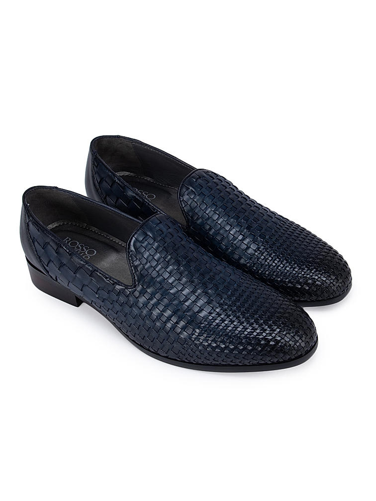 Navy Woven Pattern Loafers