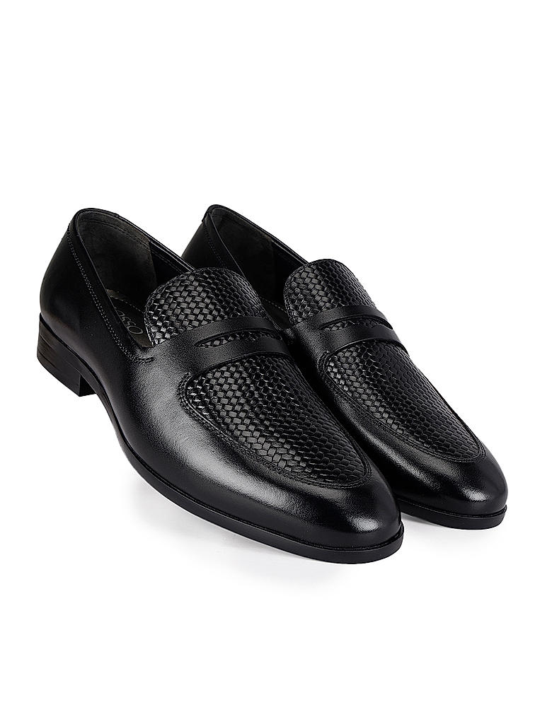 Black Textured Leather Loafers
