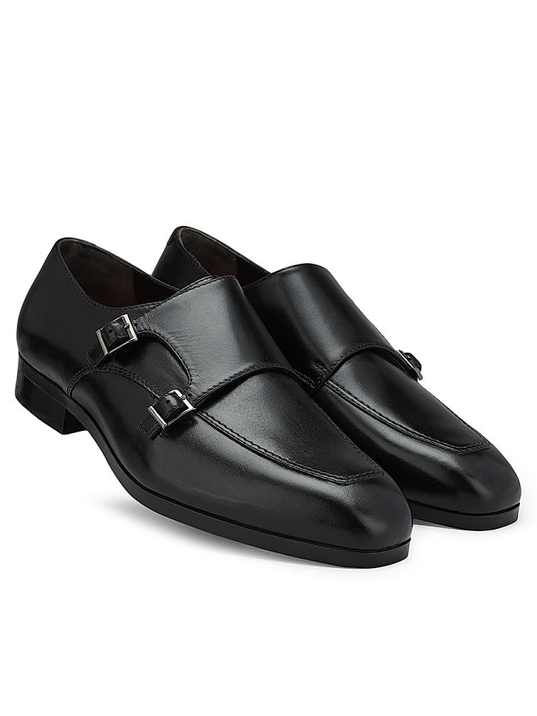 Black Plain Leather Monk Straps