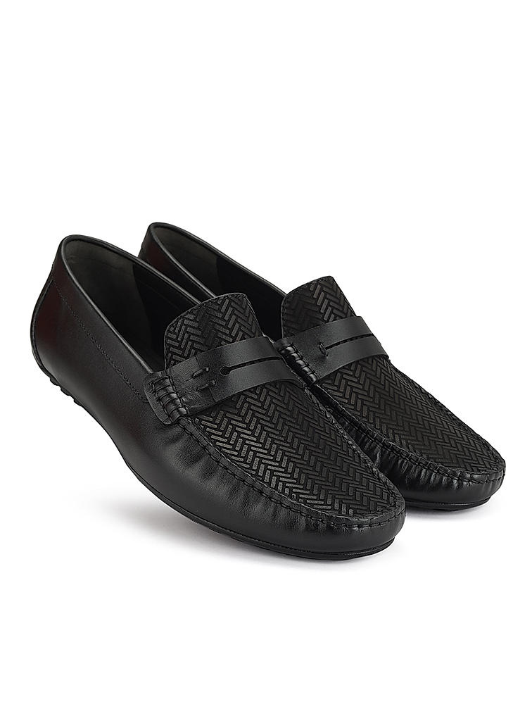 Black Textured Leather Moccasins