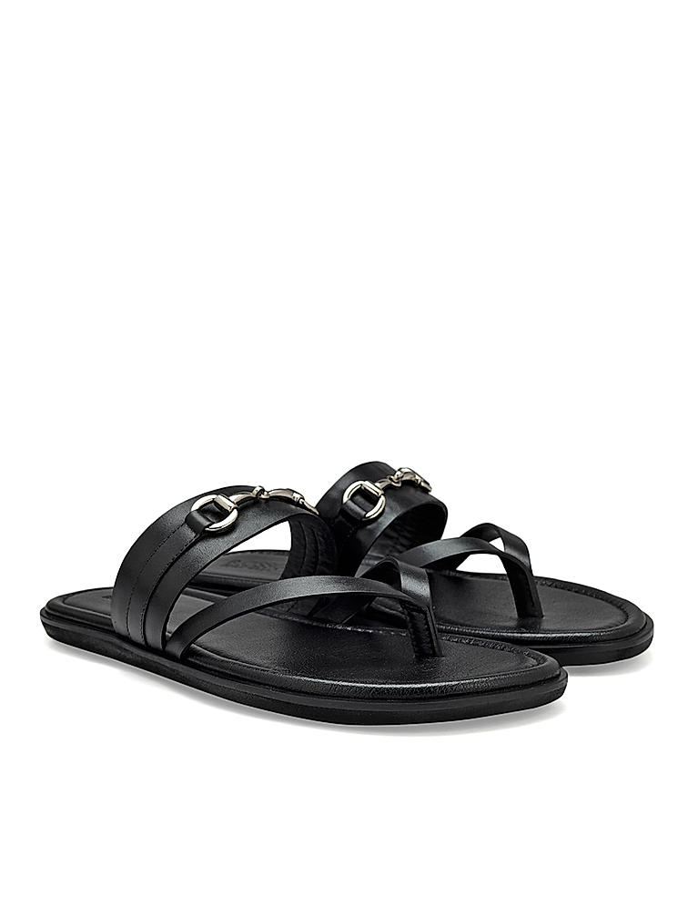 Black Leather Slippers With Metal Buckle