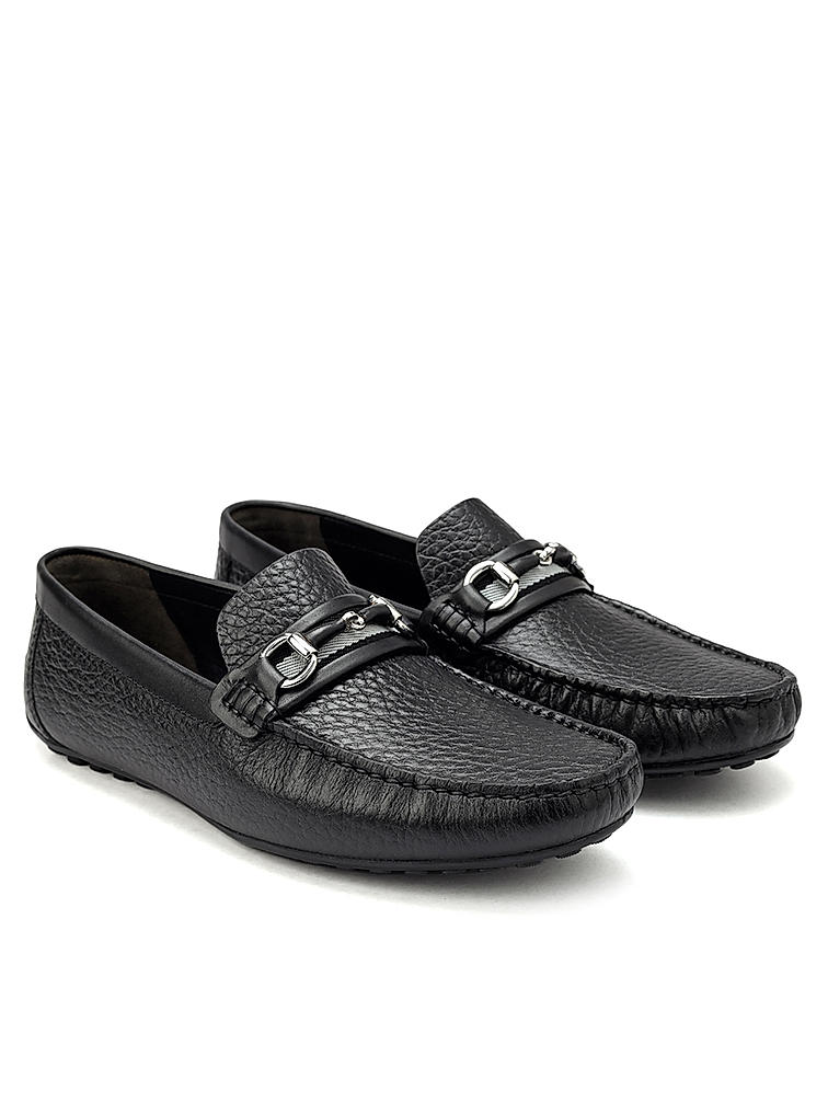 Black Textured Leather Moccasins