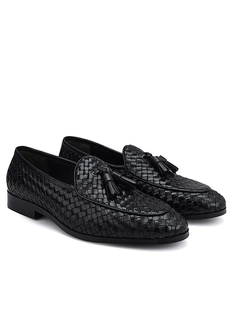 Black Woven Leather Loafers With Tassels