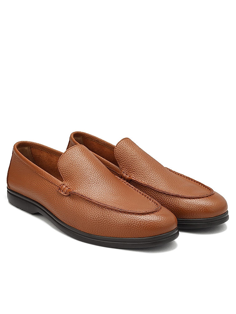 Tan Textured Leather Loafers