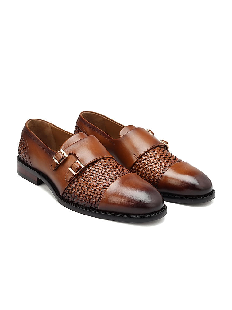 Tan Textured Leather Monk Straps