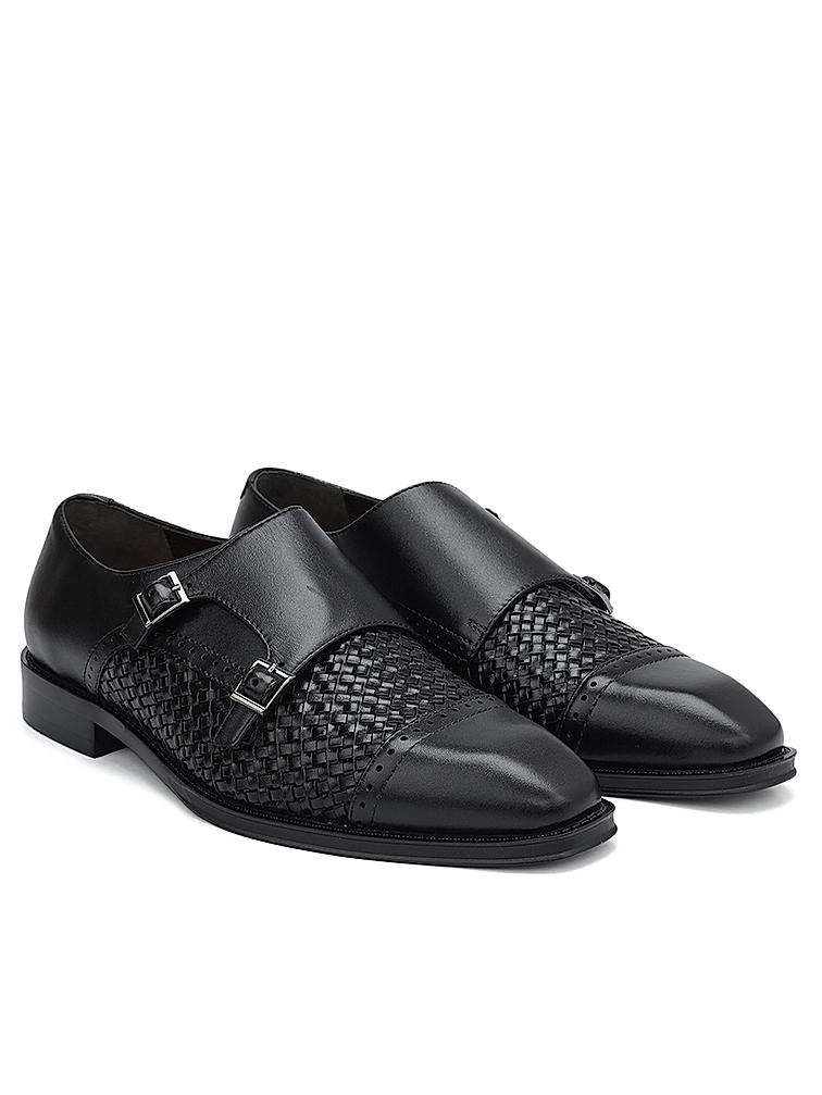 Black Textured Leather Monk Straps