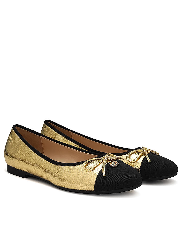 Gold Ballerina Flats With Bow Detail