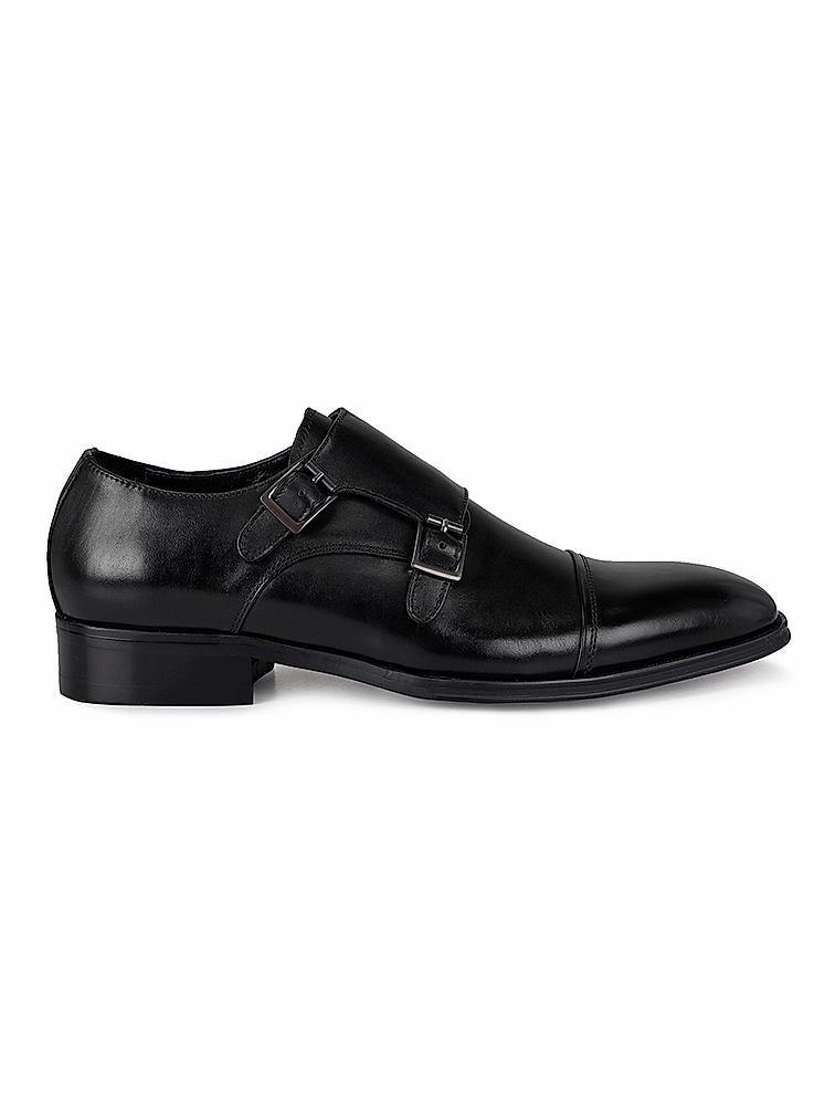 Black Leather Double Monk Strap Shoes