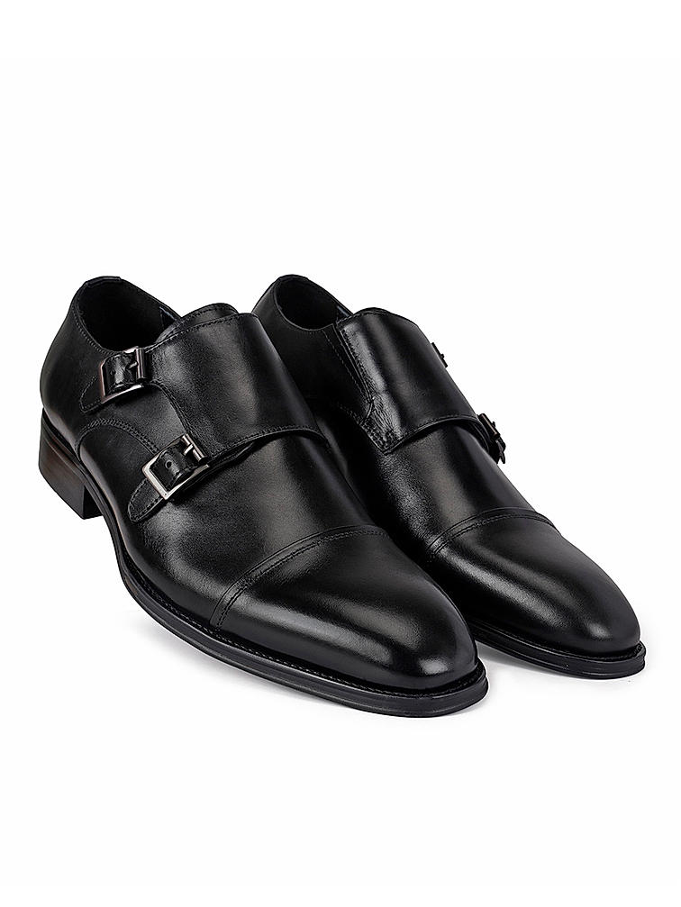 Black Leather Double Monk Strap Shoes