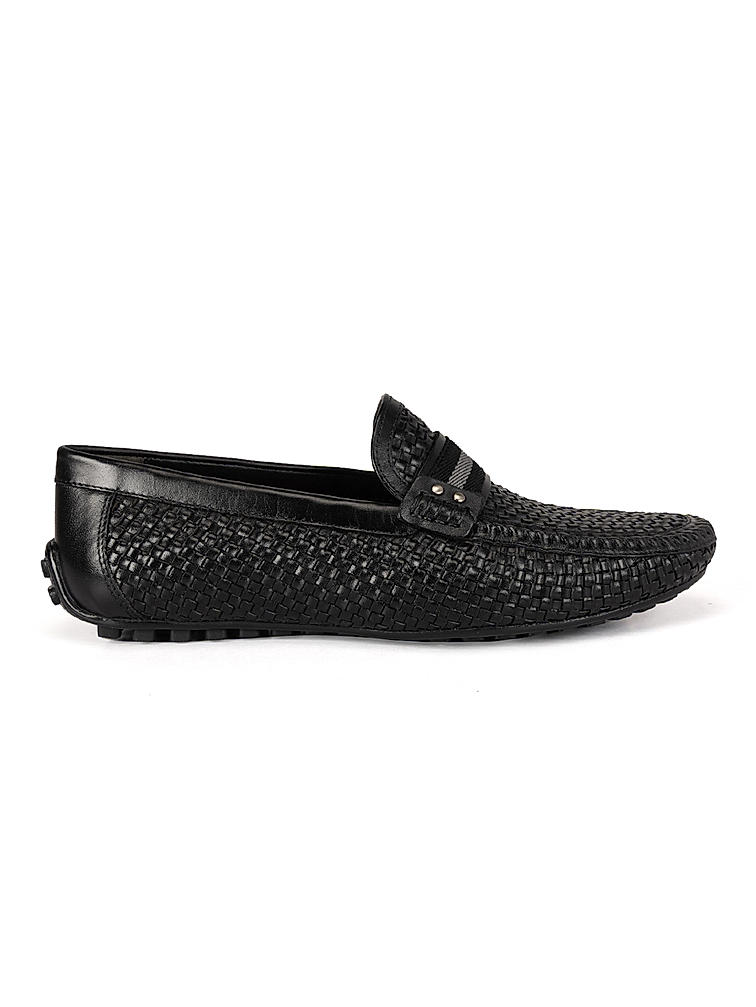 Black Textured Leather Moccasins