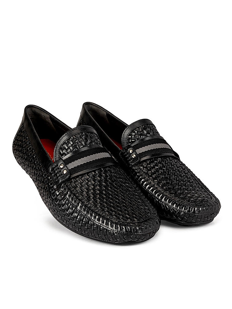 Black Textured Leather Moccasins