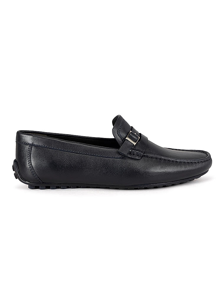 Navy Leather Band Buckle Moccasins