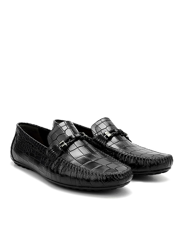 Black Croco Textured Moccasins