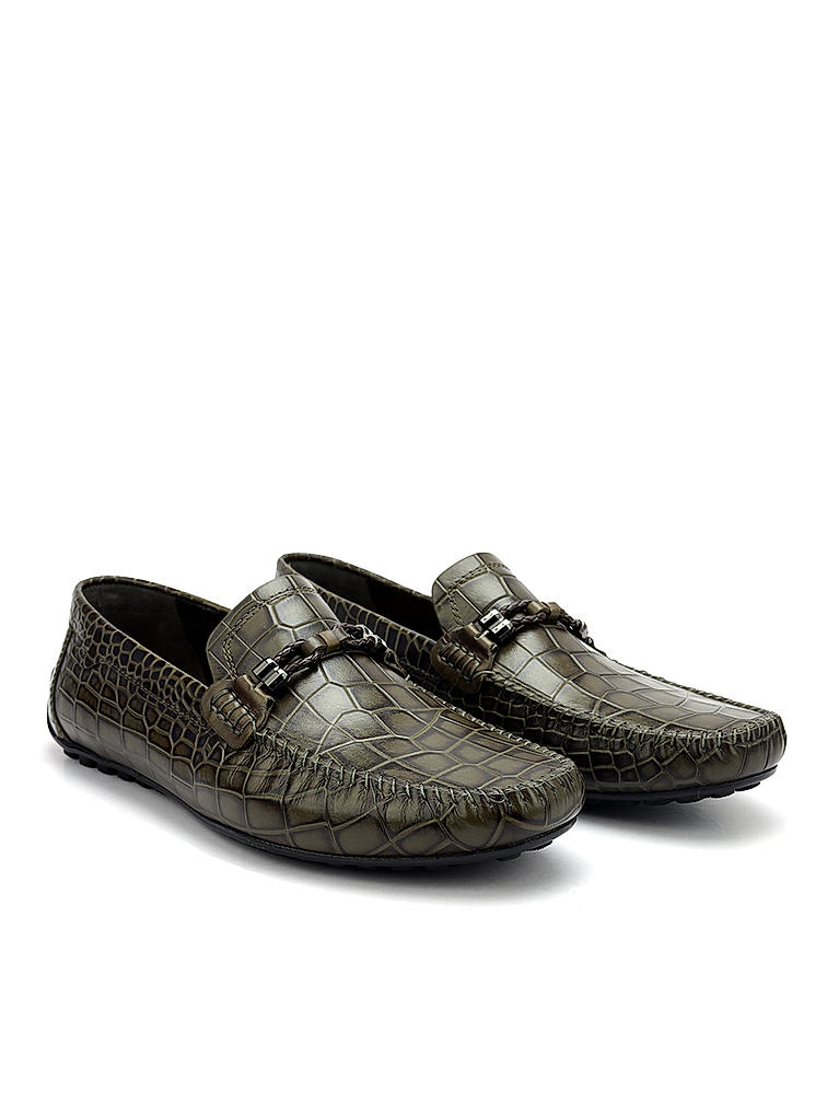 Green Croco Textured Moccasins