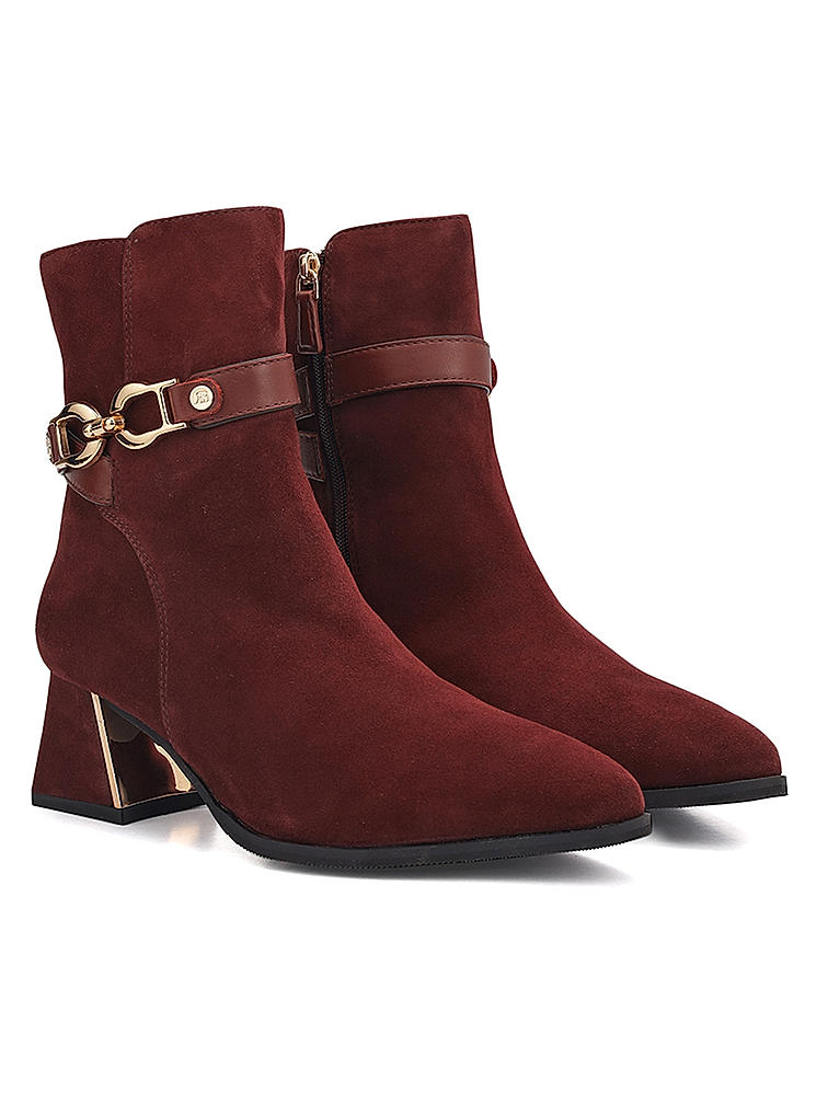 Burgundy Suede Leather Ankle Boots