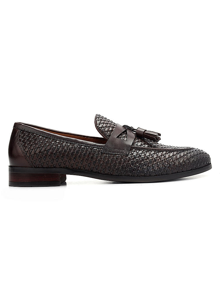 Brown Textured Loafers With Tassels