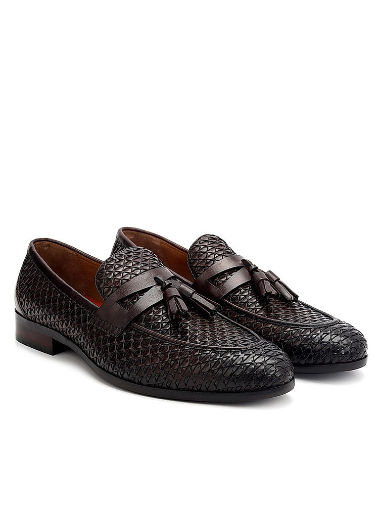 Brown Textured Loafers With Tassels