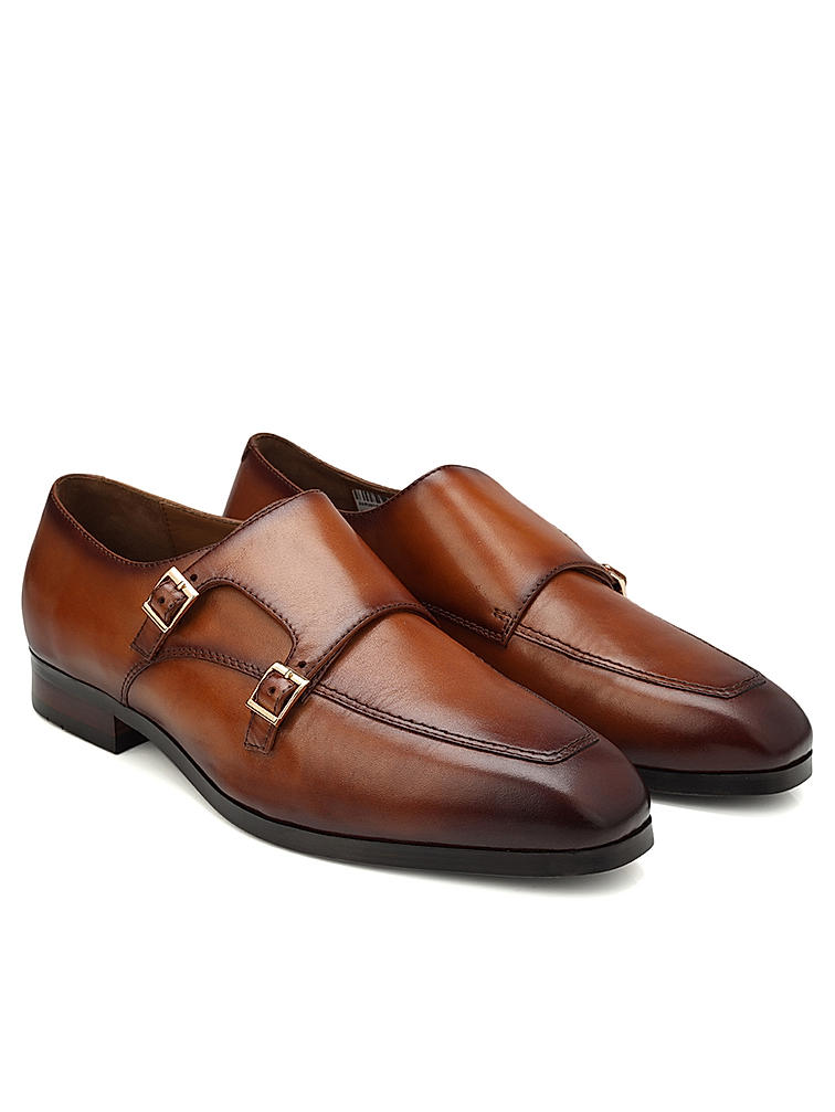 Tan Plain Leather Monk Straps