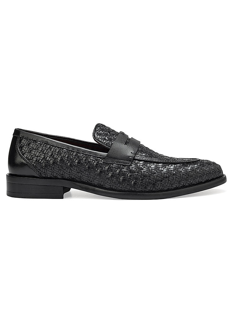 Black Textured Leather Loafers