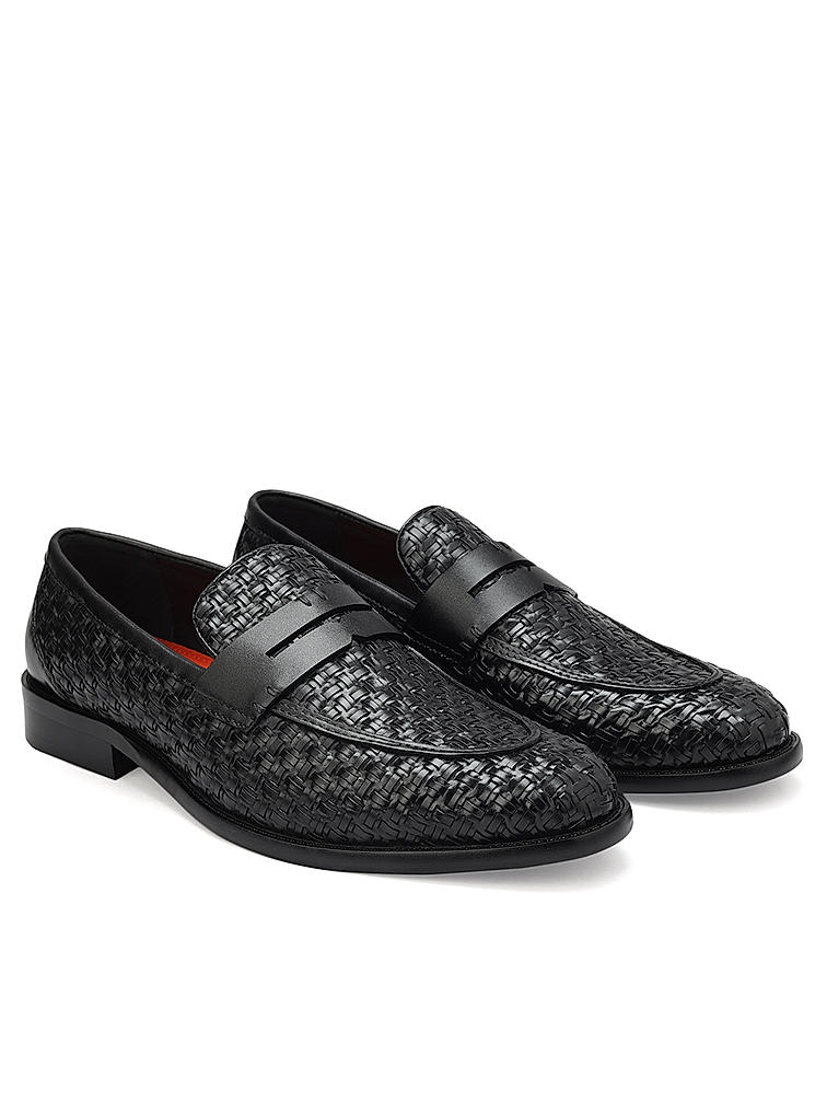 Black Textured Leather Loafers