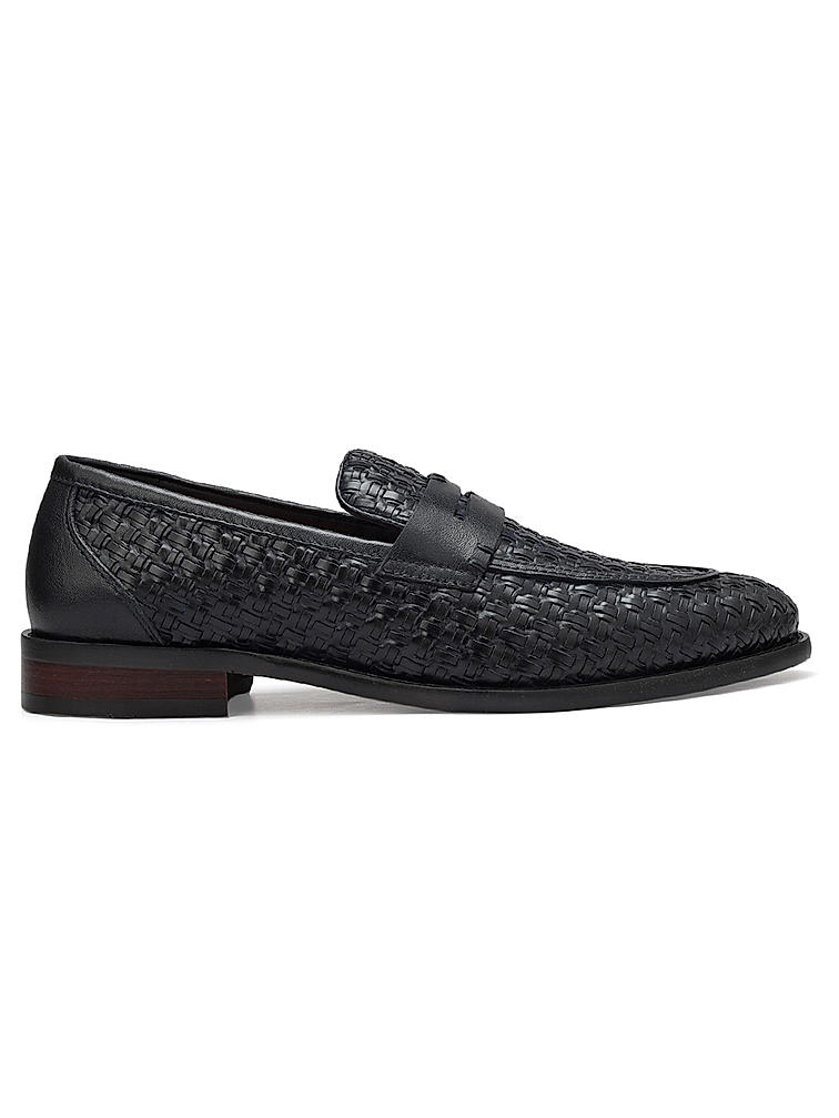 Navy Textured Leather Loafers