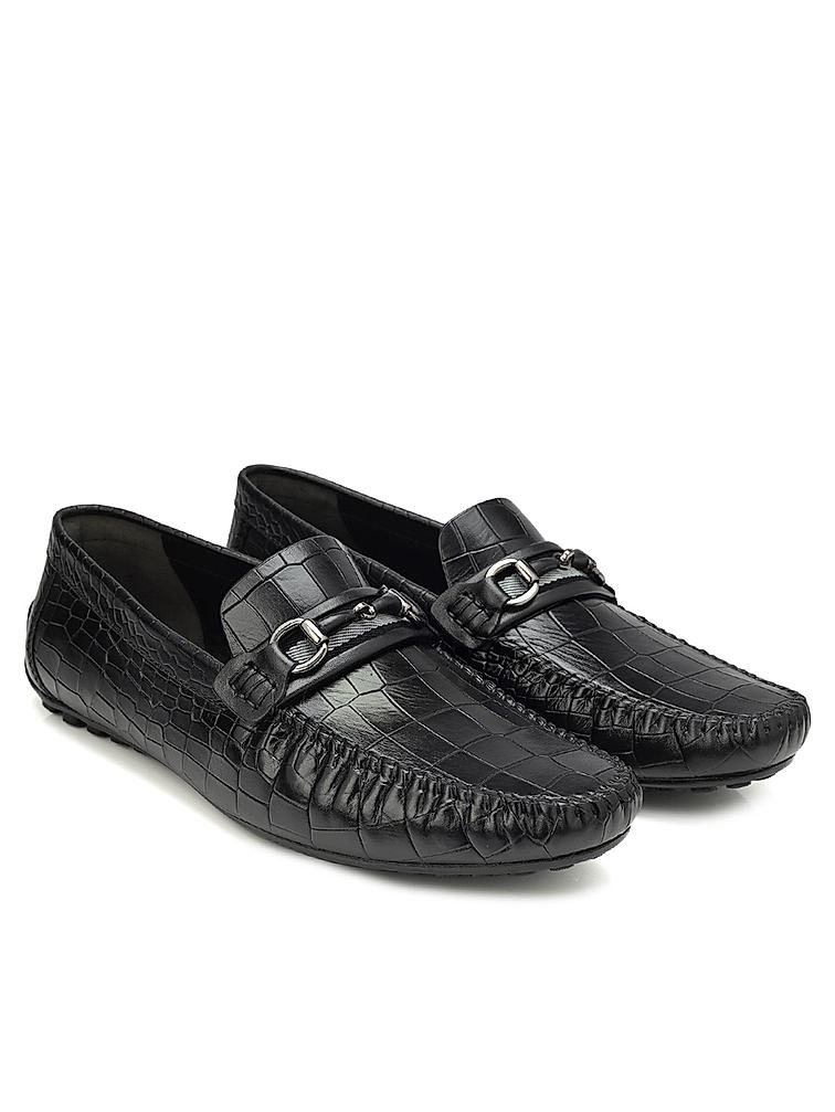 Black Croco Textured Moccasins