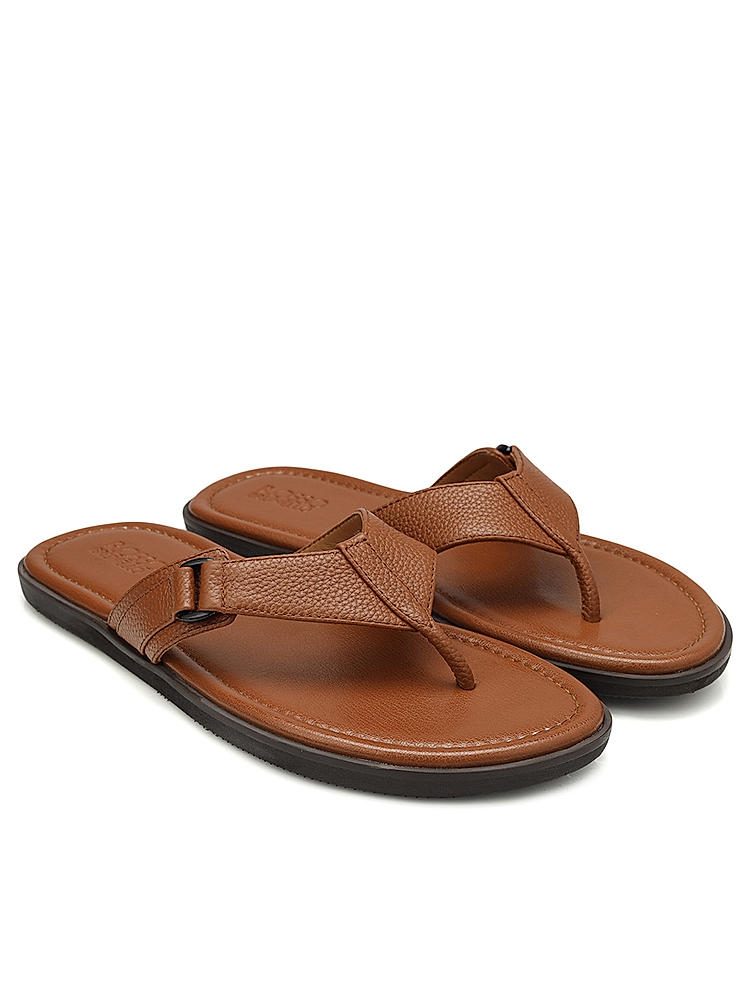 Tan Textured Leather Thong Slippers