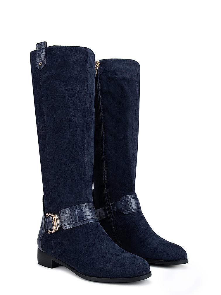 Blue Faux Suede Knee High Boots