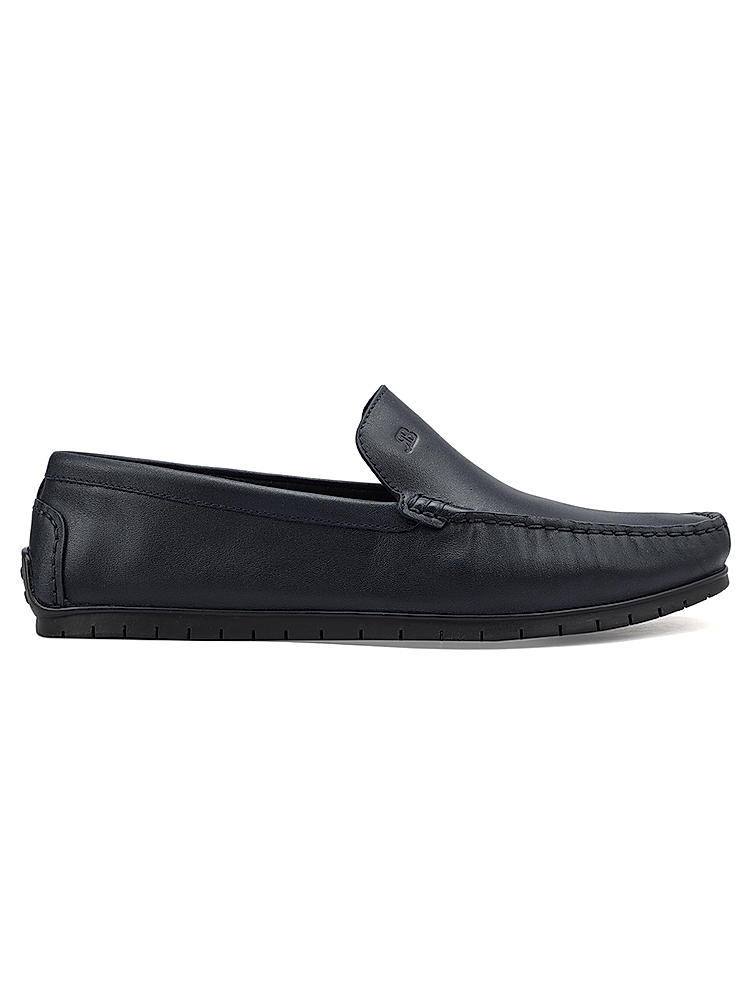 Navy Plain Leather Moccasins