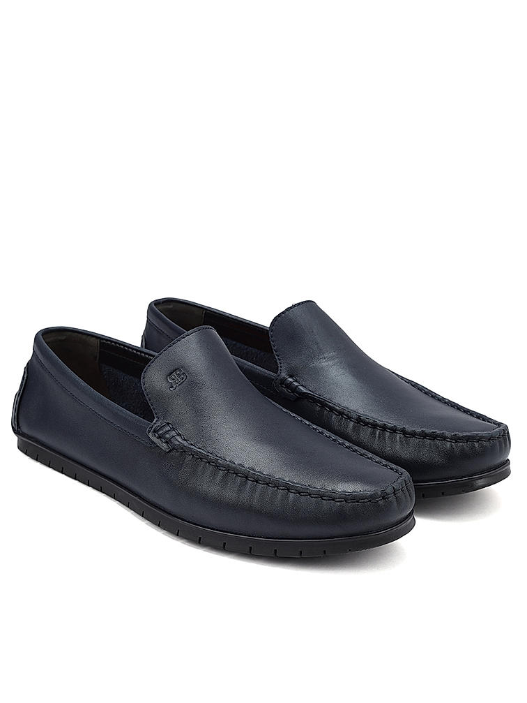 Navy Plain Leather Moccasins