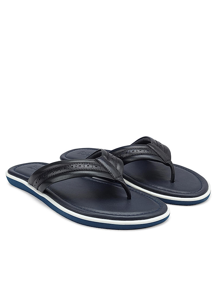 Navy Thong Leather Slippers