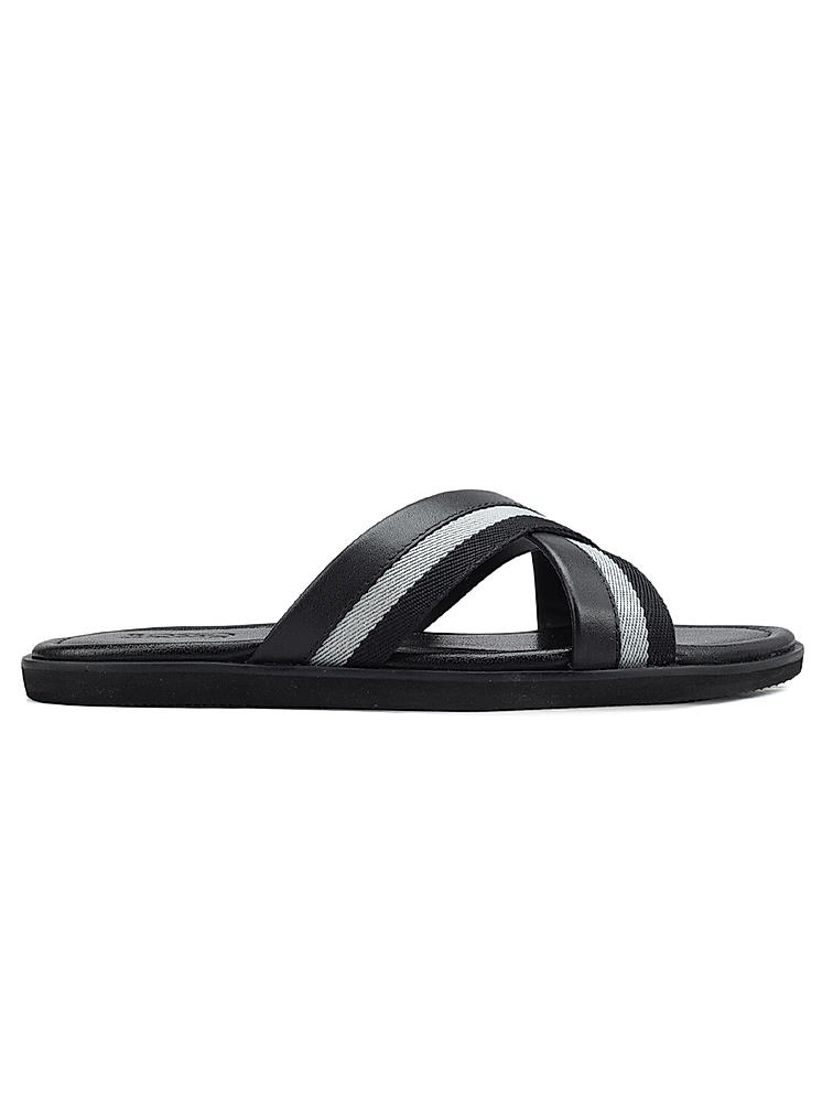 Black Criss Cross Leather Slippers