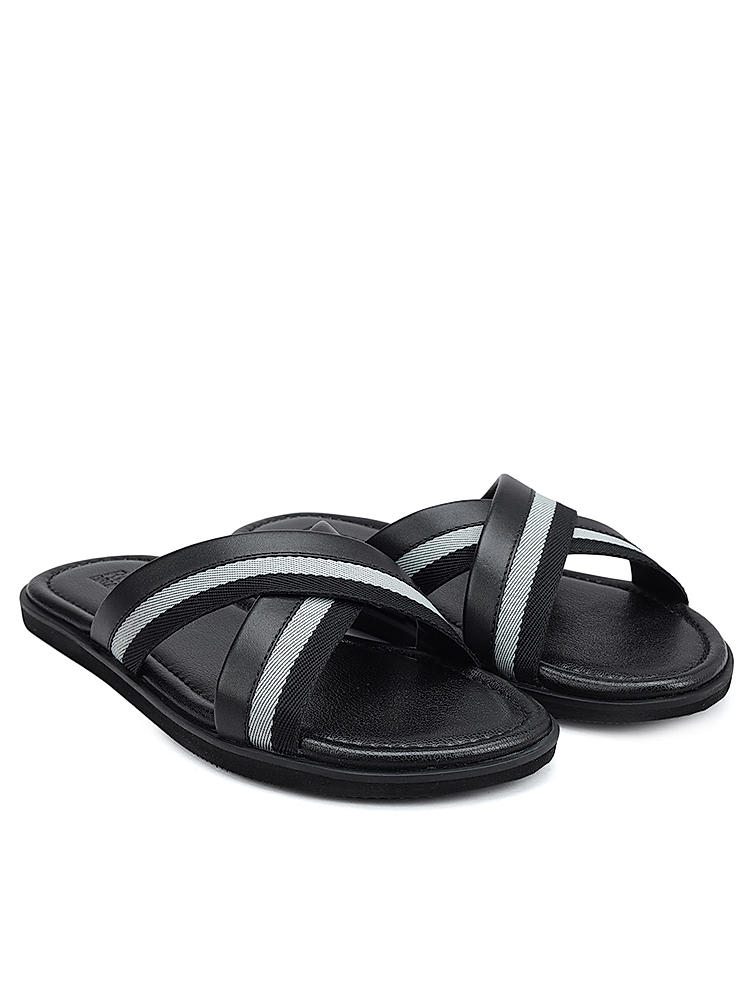 Black Criss Cross Leather Slippers