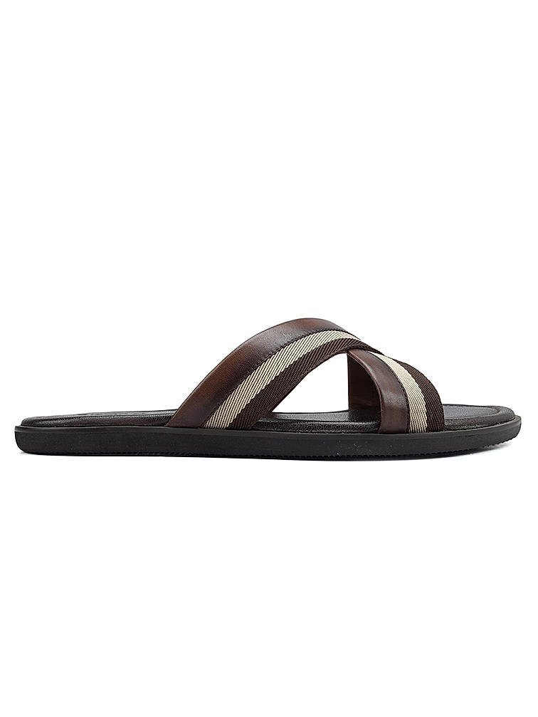 Coffee Criss Cross Leather Slippers