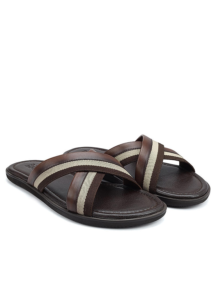 Coffee Criss Cross Leather Slippers