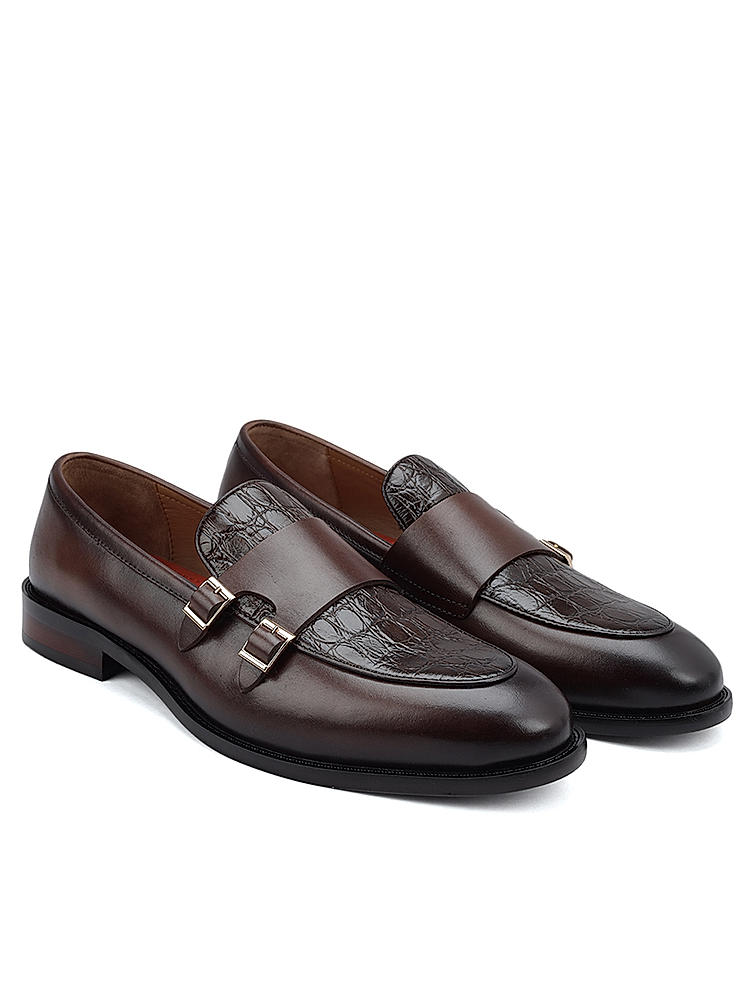 Coffee Croco Textured Monk Straps